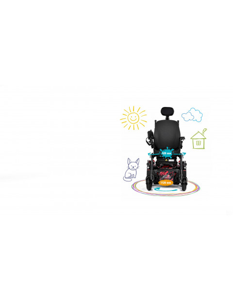 Cadeira de rodas elétrica com tração central e base ultracompacta de 52 cm projetada para crianças em crescimento